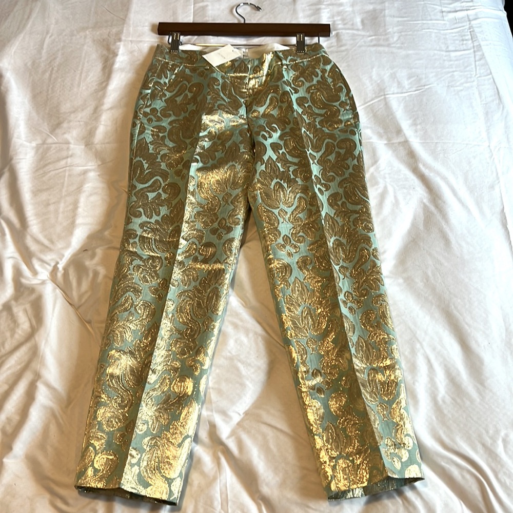 J Crew Mint with Gold Leaf print Tuxedo Pants Size 0